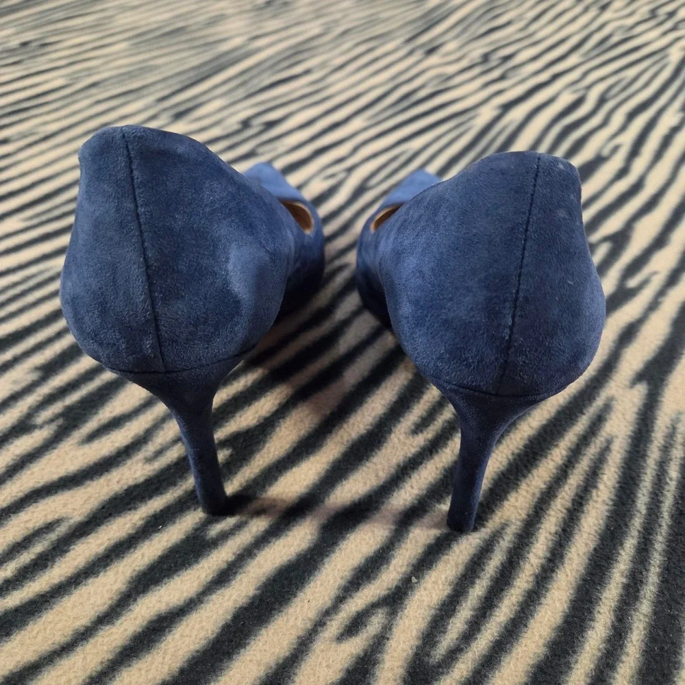 Tory Burch Gigi Navy Blue Suede Pointed Toe Pumps Gold Logo Heel 7M